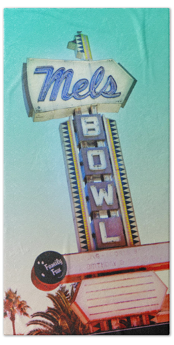 Vintage Beach Sheet featuring the photograph Mels Bowl Retro Sign by Kathleen Grace