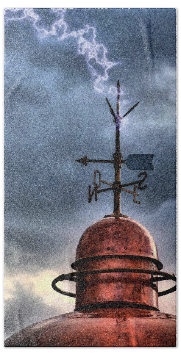 Architecture Beach Towel featuring the photograph Menorca copper lighthouse dome with lightning rod under a bluish and stormy sky and lightning effect by Pedro Cardona Llambias