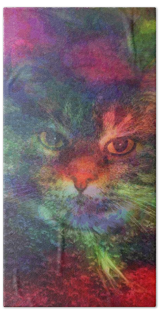 Meow Meow-a Maine Coon Cat Beach Towel featuring the mixed media Meow Meow-A Maine Coon Cat by Mike Breau