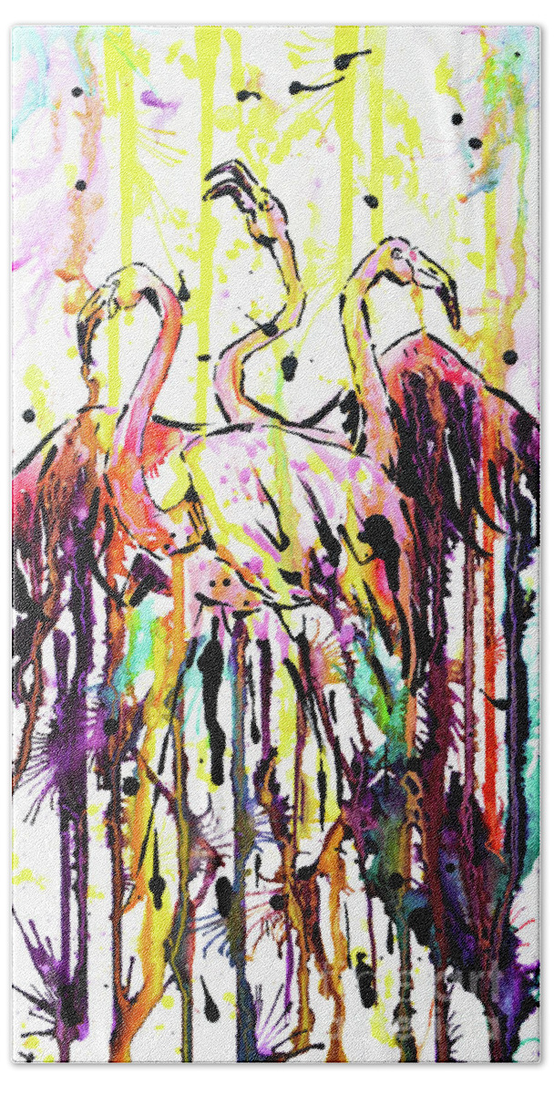 Flamingo Beach Sheet featuring the painting Merging. Flamingos by Zaira Dzhaubaeva