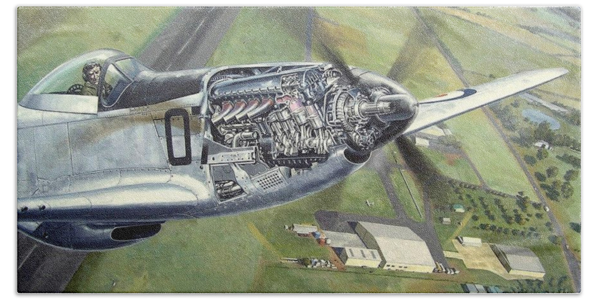 Mustang. Merlin Aircraft Engine. Cutaway Engine. Scone Airport. Col Pay 07 Mustang. North American P51 Mustang. Beach Towel featuring the painting Merlin Magic over Scone by Colin Parker