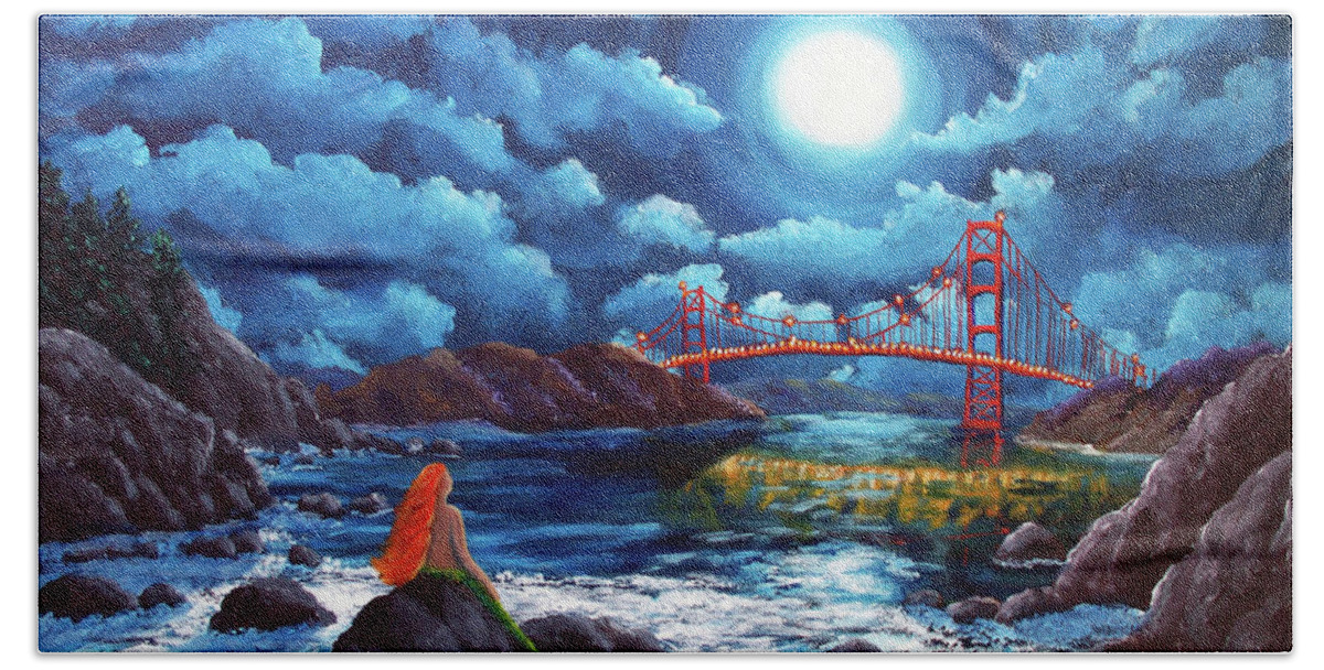 Painting Beach Towel featuring the painting Mermaid at the Golden Gate Bridge by Laura Iverson