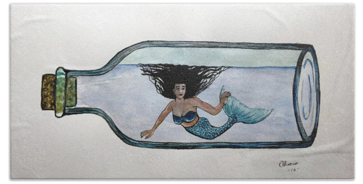 Mermaid Beach Towel featuring the painting Mermaid in a Bottle by Edwin Alverio