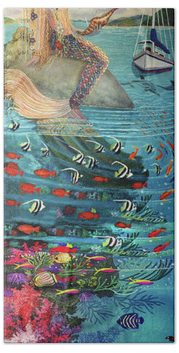 Mermaid In Paradise Beach Towel featuring the painting Mermaid in Paradise towel version by Bonnie Siracusa