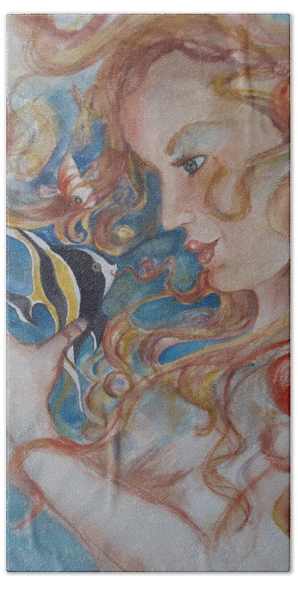 A Kiss From The Mermaid To A Morish Idol. Mermaid Beach Sheet featuring the painting Mermaids Kiss by Charme Curtin