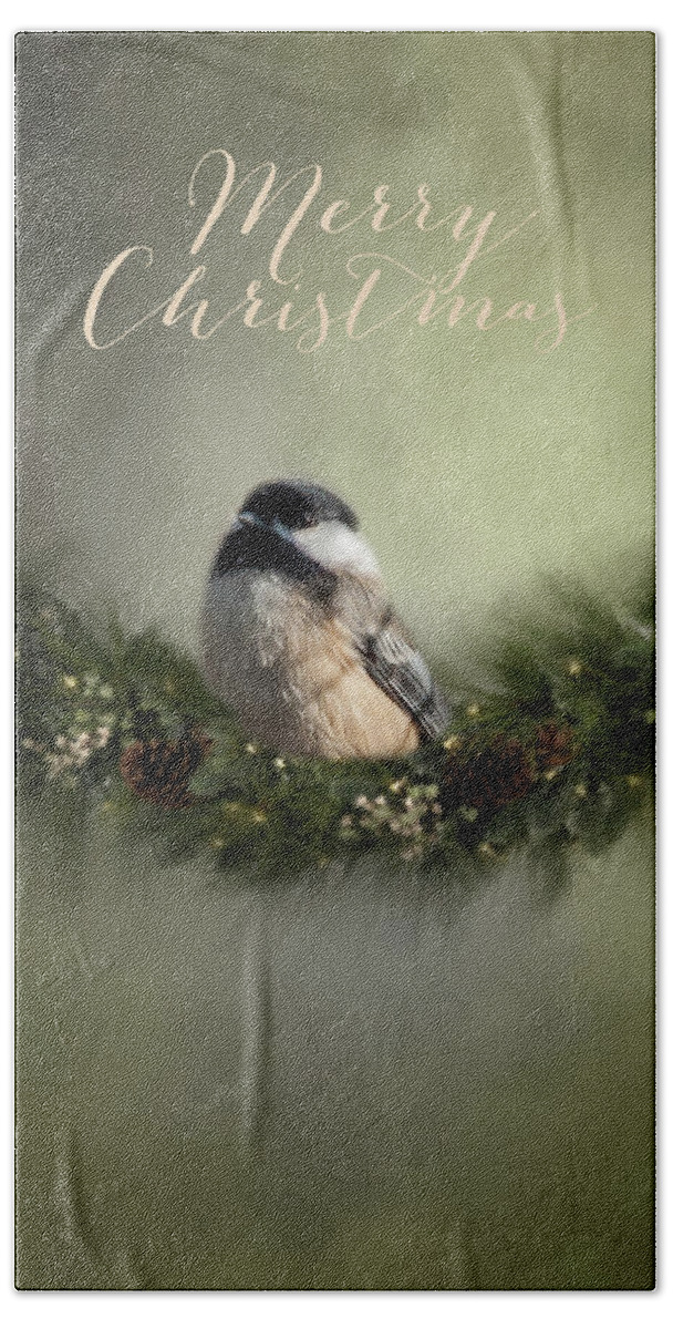 Song Bird Beach Towel featuring the photograph Merry Christmas Chicadee 1 by Cathy Kovarik