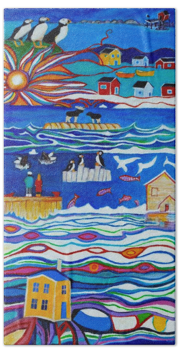 Newfoundland Beach Sheet featuring the painting Merry Time Art #2 by Myra Evans
