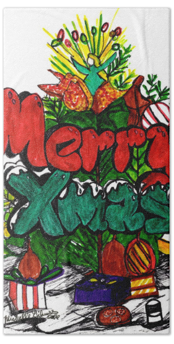 Christmas Beach Towel featuring the mixed media Merry Xmas by Michelle Gilmore