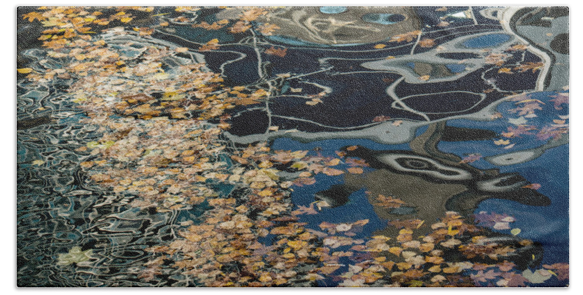 Georgia Mizuleva Beach Towel featuring the photograph Mesmerizing Autumn - Silky Swirls and Fallen Leaves Three by Georgia Mizuleva