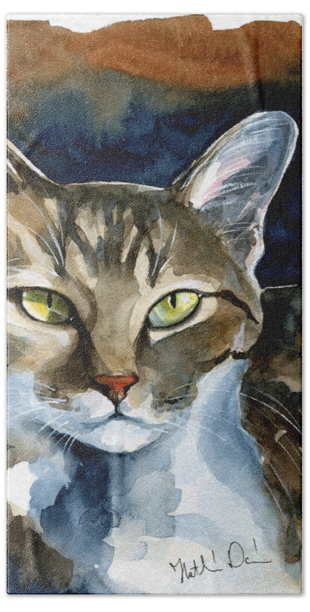 Mesmerizing Beach Towel featuring the painting Mesmerizing Eyes - Tabby Cat Painting by Dora Hathazi Mendes