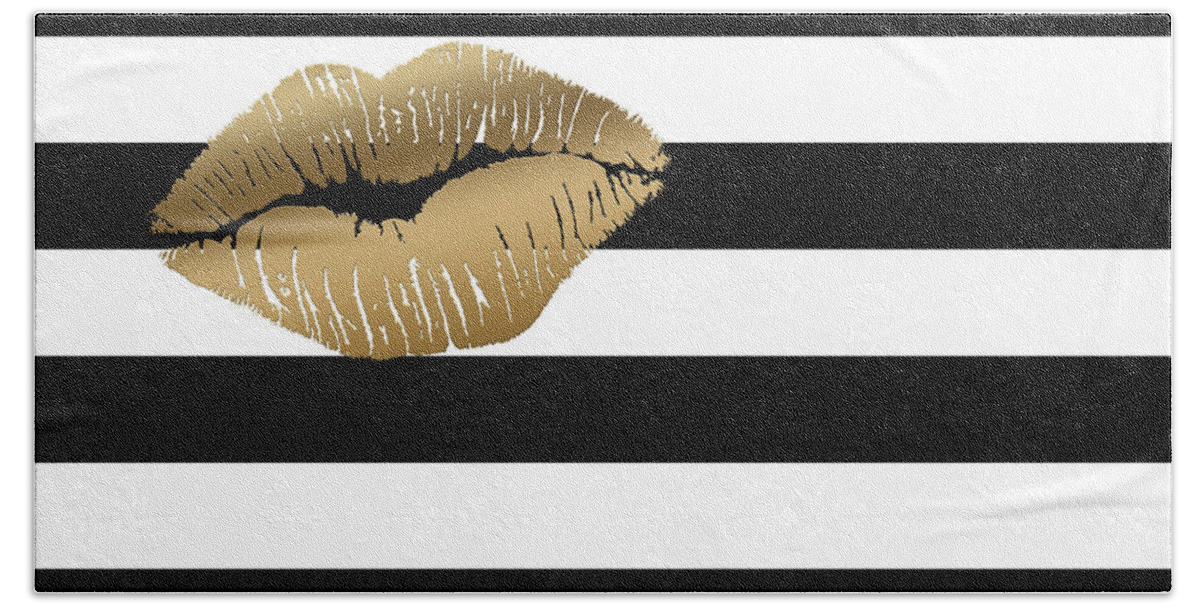 Black And White Stripes Beach Sheet featuring the painting Metallic Gold Lips Black and White Stripes by Georgeta Blanaru