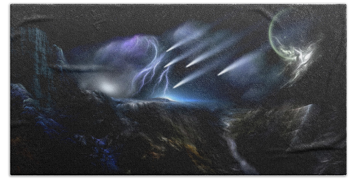 Meteorologist Beach Towel featuring the digital art Meteors Fractal Art Composition by Rolando Burbon