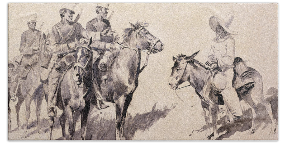 Remington Beach Towel featuring the drawing Mexican Gendarmes asking the Way by Frederic Remington