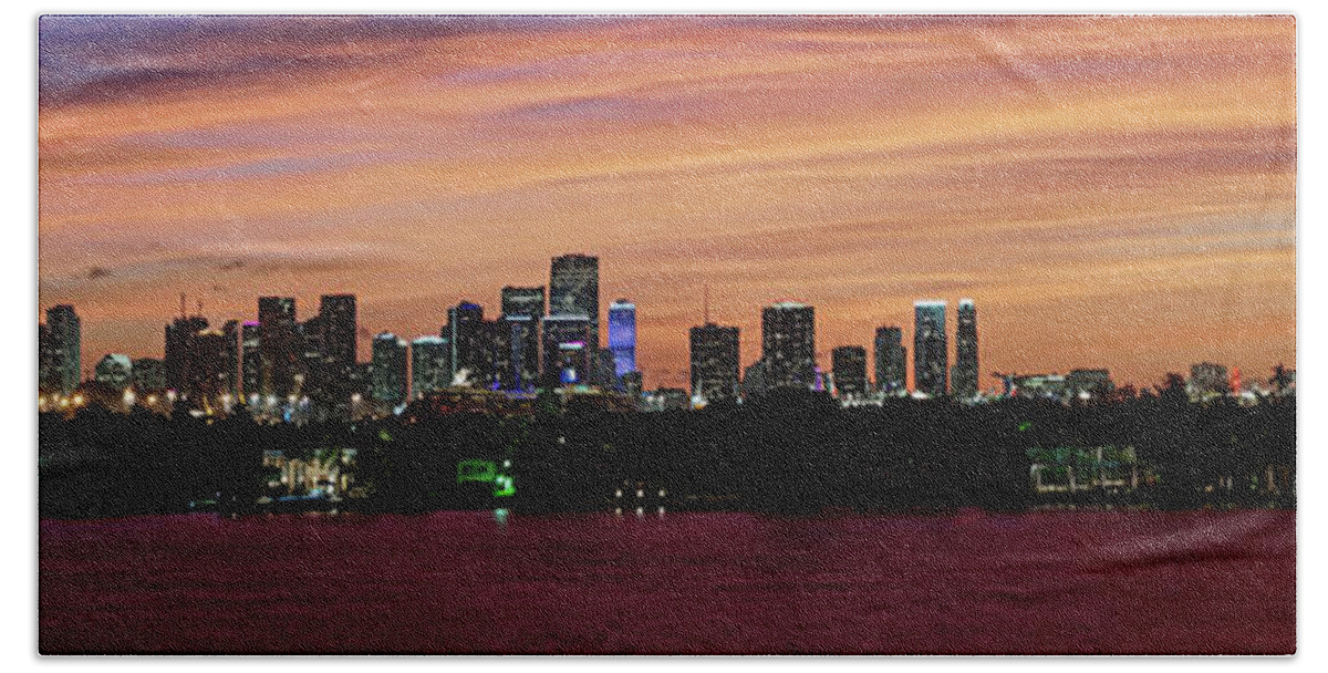Miami Skyline Beach Sheet featuring the photograph Miami Sunset Panorama by Gary Dean Mercer Clark