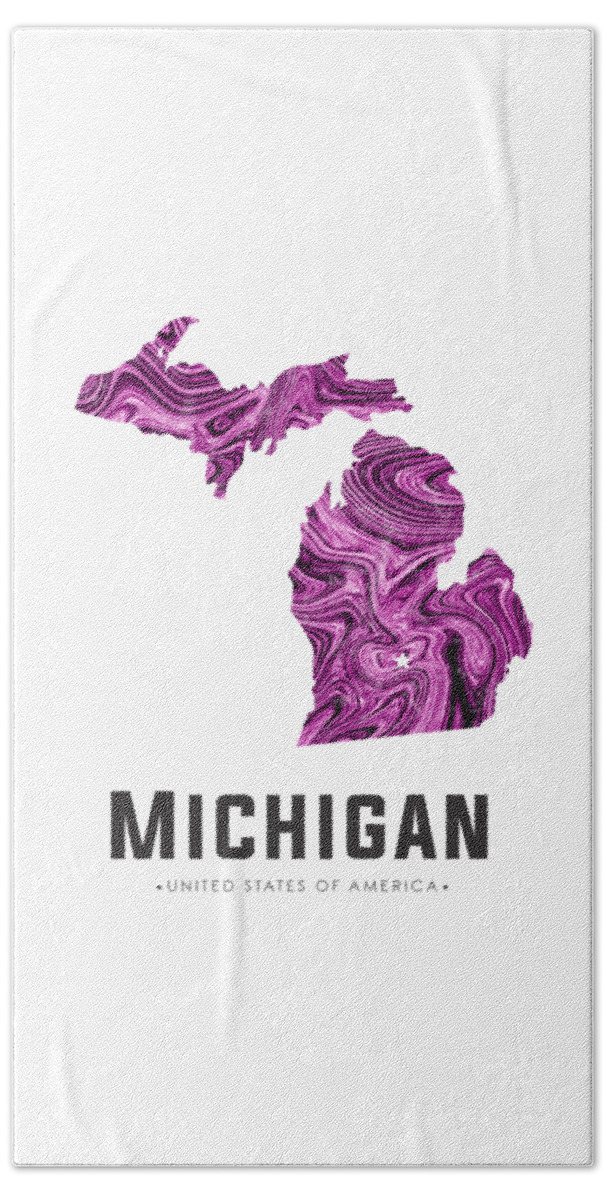 Michigan Beach Towel featuring the mixed media Michigan Map Art Abstract in Purple by Studio Grafiikka