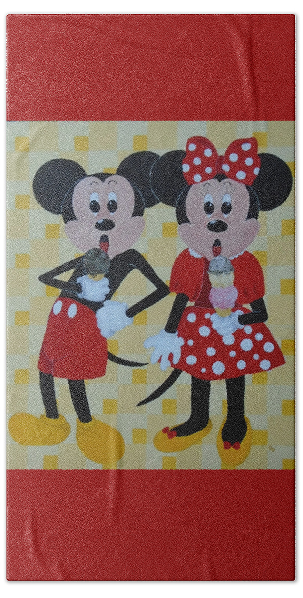 Pop Art Beach Towel featuring the painting Mickey and Minnie Love Ice Cream by Georgia Donovan