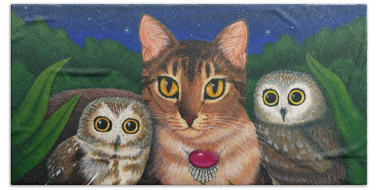 Abyssinian Cat Beach Towel featuring the painting Midnight Watching - Abyssinian Cat Saw Whet Owls by Carrie Hawks