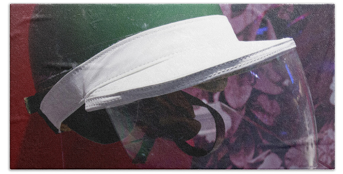 Mike Hawthorn Helmet With Rain Visor Museo Ferrari Beach Towel featuring the photograph Mike Hawthorn helmet with rain visor Museo Ferrari by Paul Fearn