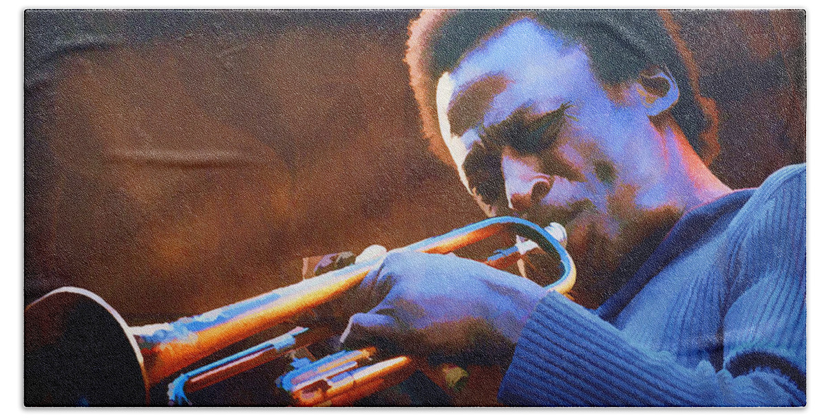 Miles Davis Beach Towel featuring the painting Miles Davis on Trumpet Hot Jazz by Elaine Plesser