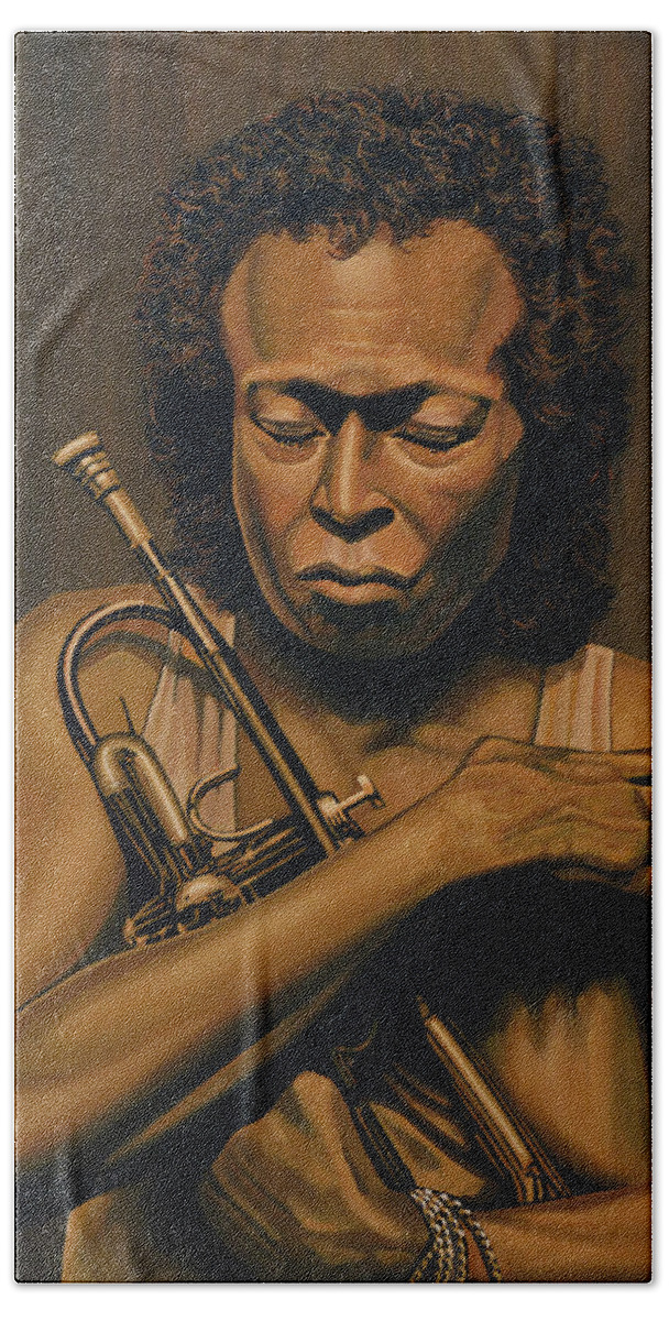Miles Davis Beach Towel featuring the painting Miles Davis Painting by Paul Meijering