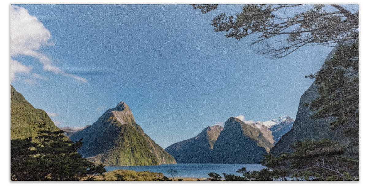 Milford Sound Beach Towel featuring the photograph Milford Sound overlook by Gary Eason