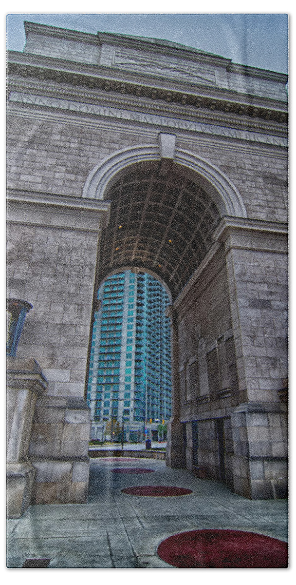 Atlanta Beach Sheet featuring the photograph Millennium Gate triumphal arch at Atlantic Station in Midtown At by Alex Grichenko