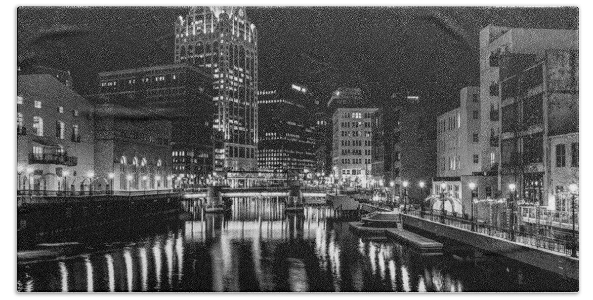 Monochrome Beach Towel featuring the photograph Milwaukee at Night by John Roach