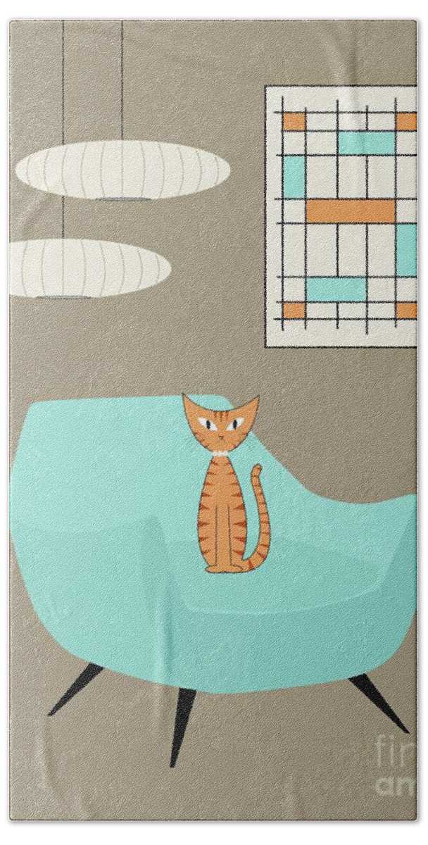Mid Century Modern Beach Towel featuring the digital art Mini Abstract Blue Chair Orange Cat by Donna Mibus