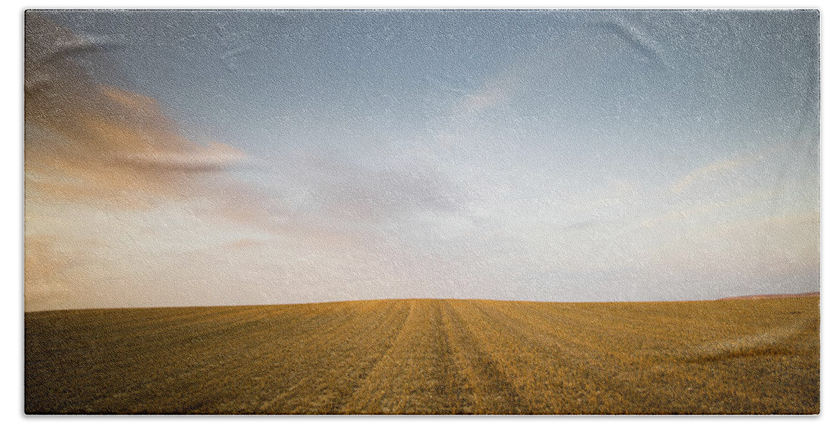 Sunset Beach Towel featuring the photograph Minimalistic landscape with Meadow wheat field by Michalakis Ppalis