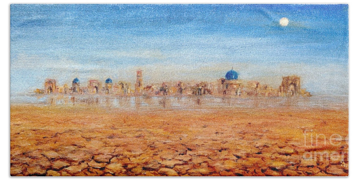 Landscape Beach Towel featuring the painting Mirage city by Arturas Slapsys