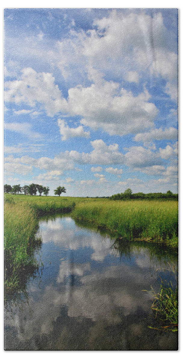 Glacial Park Beach Towel featuring the photograph Mirror Image of Clouds in Glacial Park Wetland by Ray Mathis