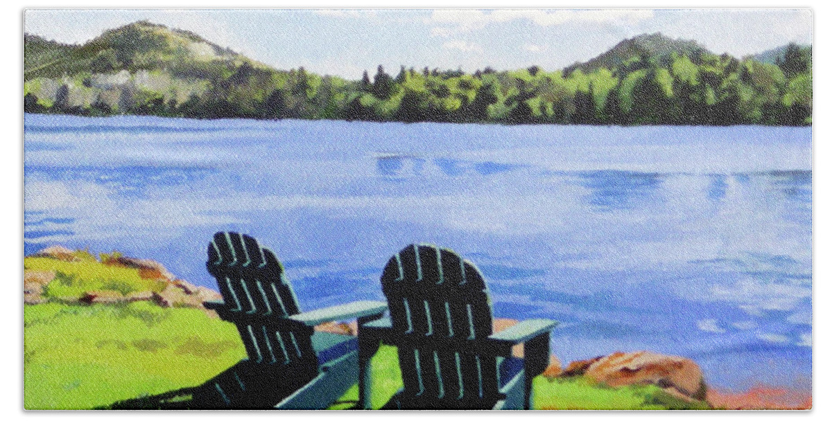 Christine Hopkins Beach Towel featuring the painting Mirror Lake Lake Placid New York by Christine Hopkins