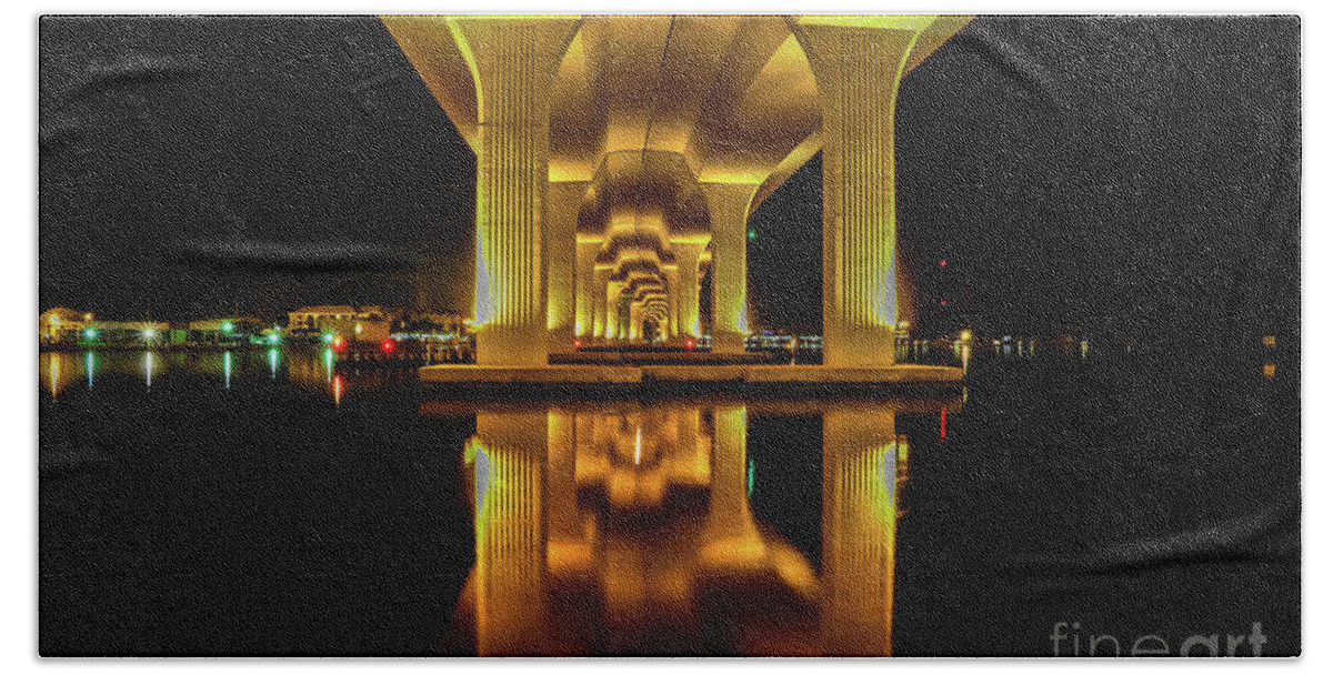 Bridge Beach Towel featuring the photograph Mirrored Bridge Reflection by Tom Claud