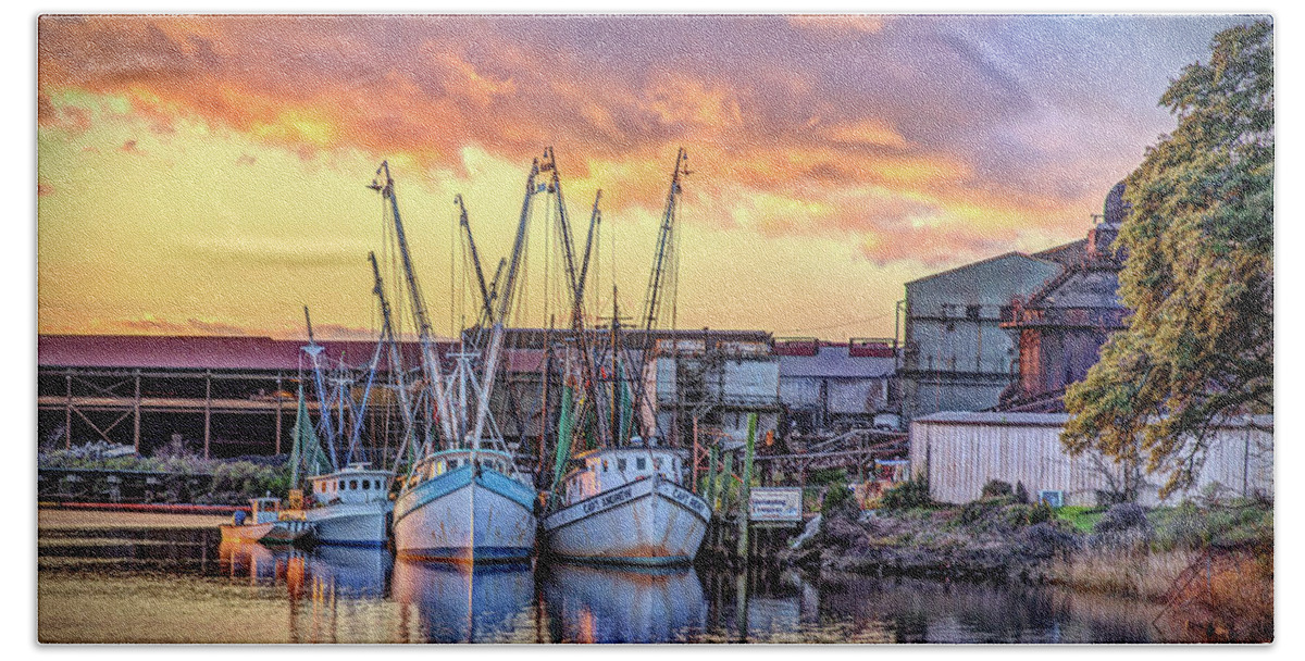 Shrimp Boats Beach Towel featuring the photograph Miss Nichole's Shrimping Company by Mike Covington