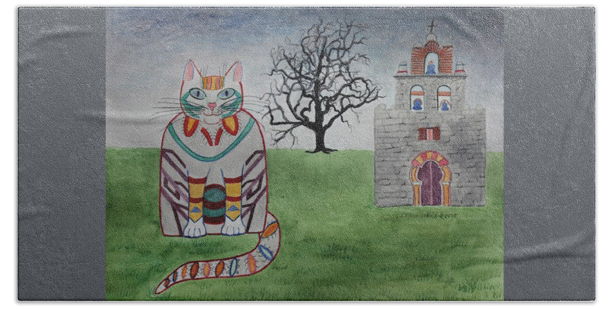 Mission Espada Beach Towel featuring the painting Mission Espada Cat by Vera Smith