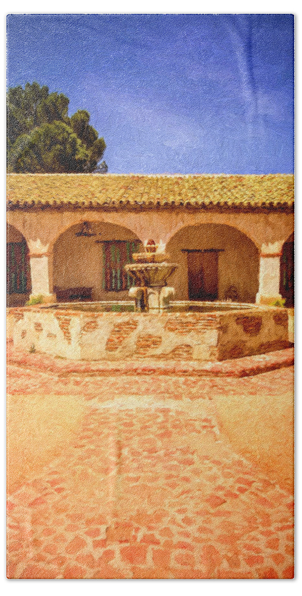 Mission San Miguel Beach Towel featuring the photograph Mission Plaza by Susan Rissi Tregoning