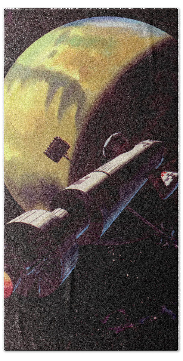 Mission; Space; Planet; Travel; Rocket; Spaceship; Space Ship; Red Planet; Mars; Universe; Exploration; Discovery Beach Sheet featuring the painting Mission to Mars by Wilf Hardy