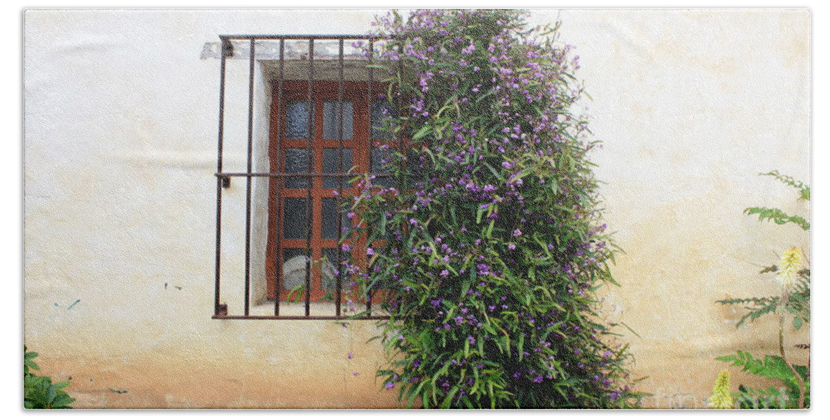 Purple Flowers Beach Towel featuring the photograph Mission Window with Purple Flowers by Carol Groenen