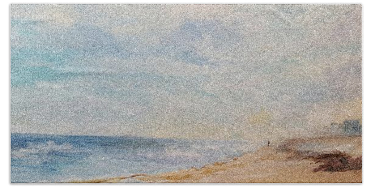 Beach Beach Sheet featuring the painting Misty Morning on the Beach by Cheryl LaBahn Simeone