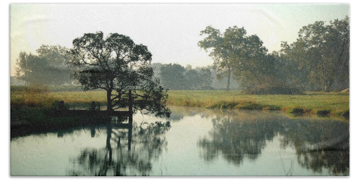 Alabama Photographer Beach Sheet featuring the digital art Misty Morning Pond by Michael Thomas