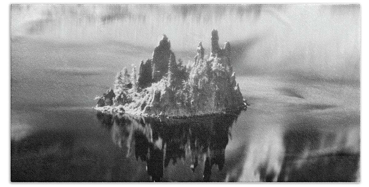 Crater Lake Beach Towel featuring the photograph Misty Phantom Ship Island Crater Lake B W by Frank Wilson