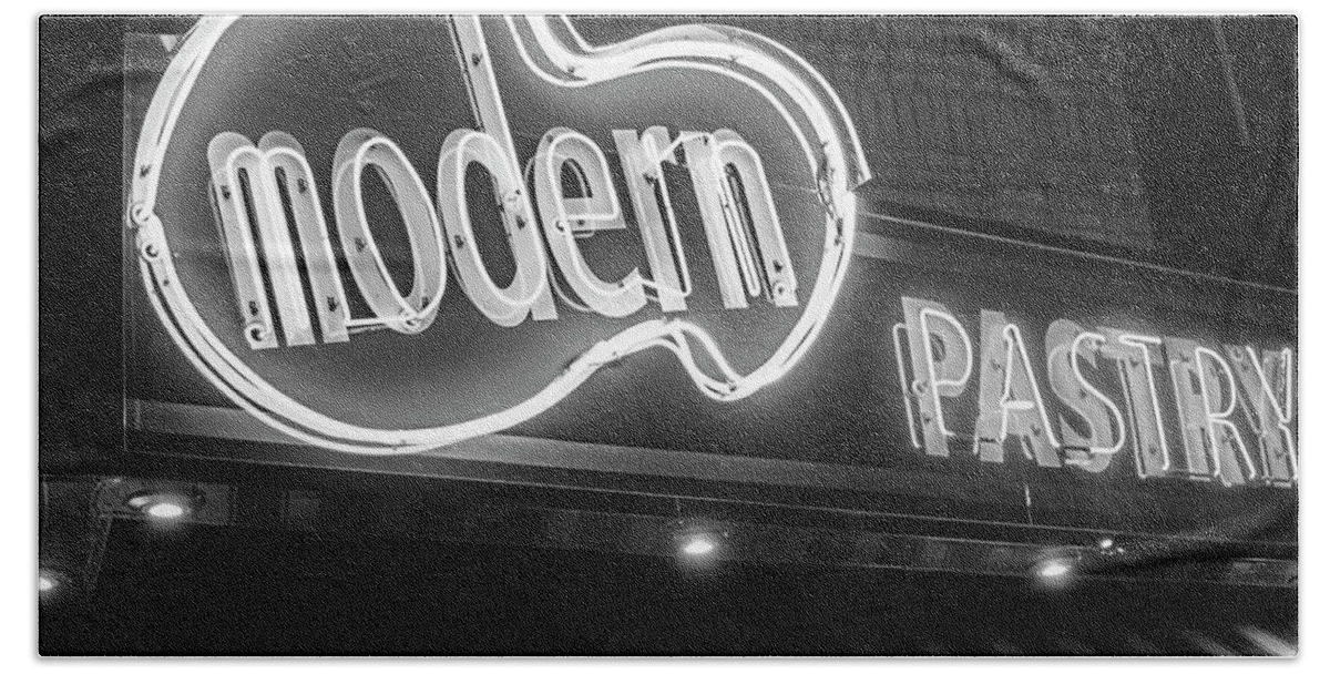Modern Beach Towel featuring the photograph Modern Pastry Shop Boston MA North End Hanover Street Neon Sign Black and White by Toby McGuire