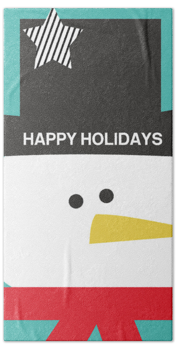 Snowman Beach Towel featuring the digital art Modern Snowman Happy Holidays- Art by Linda Woods by Linda Woods