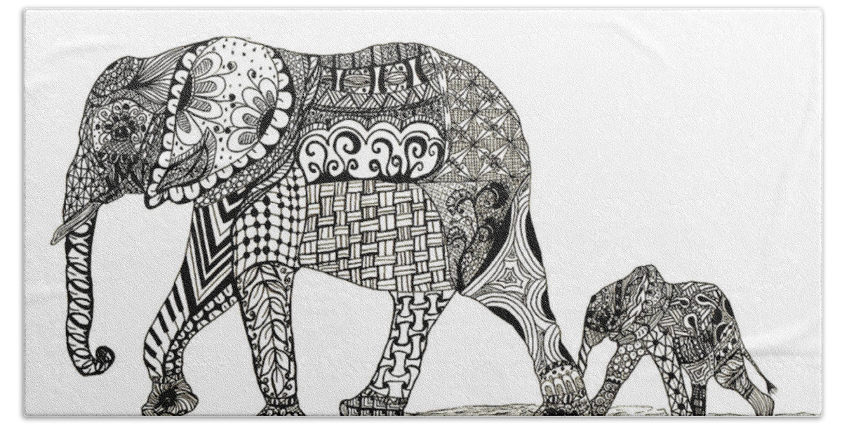 Elephant Beach Towel featuring the drawing Momma and Baby Elephant by Kathy Sheeran