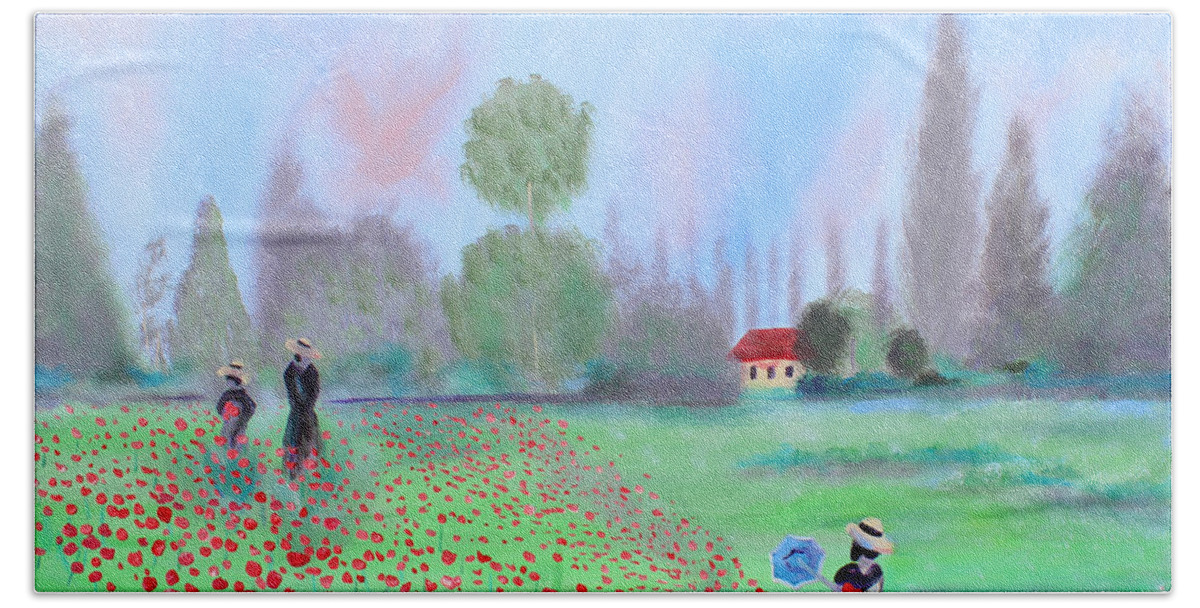 Monet Beach Towel featuring the painting Monet's Field of Poppies by Stacey Zimmerman