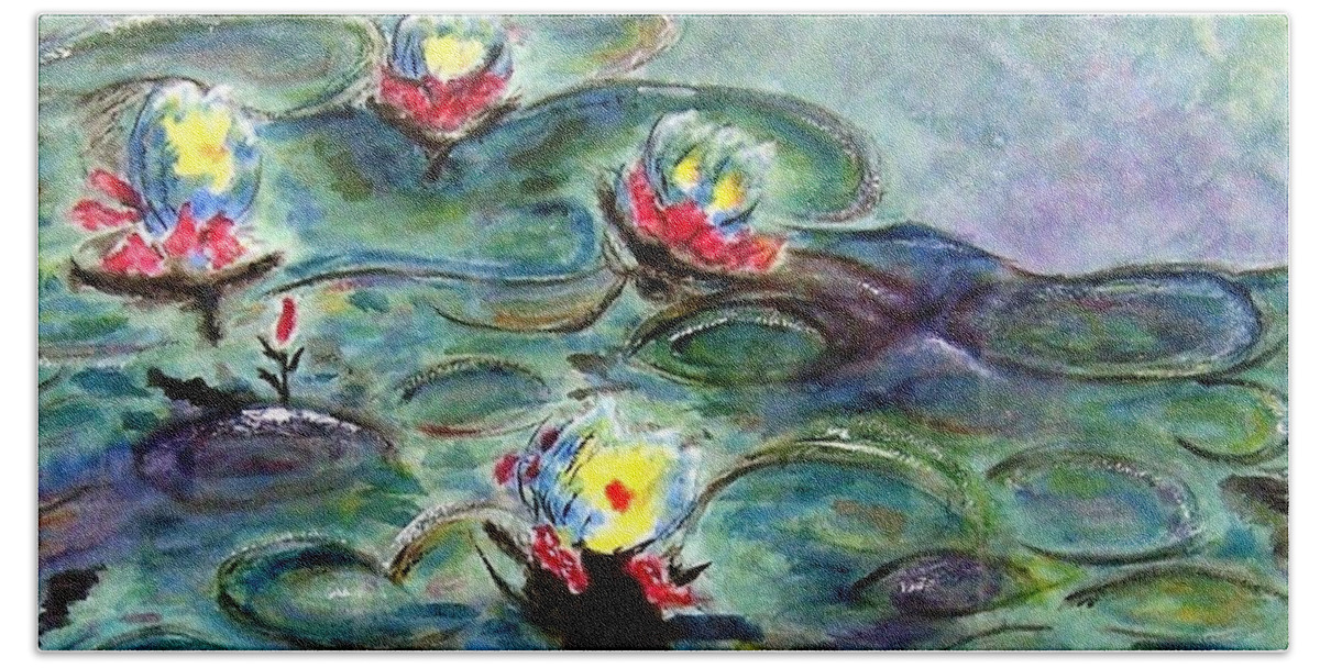 Monet Beach Towel featuring the painting Monet's Lilies on Pond by Jamie Frier