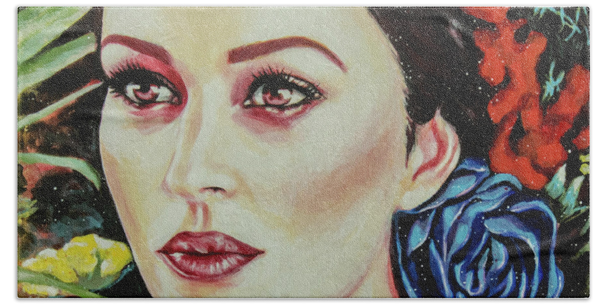 Monica Bellucci Beach Towel featuring the painting Monica Bellucci by Elaine Berger