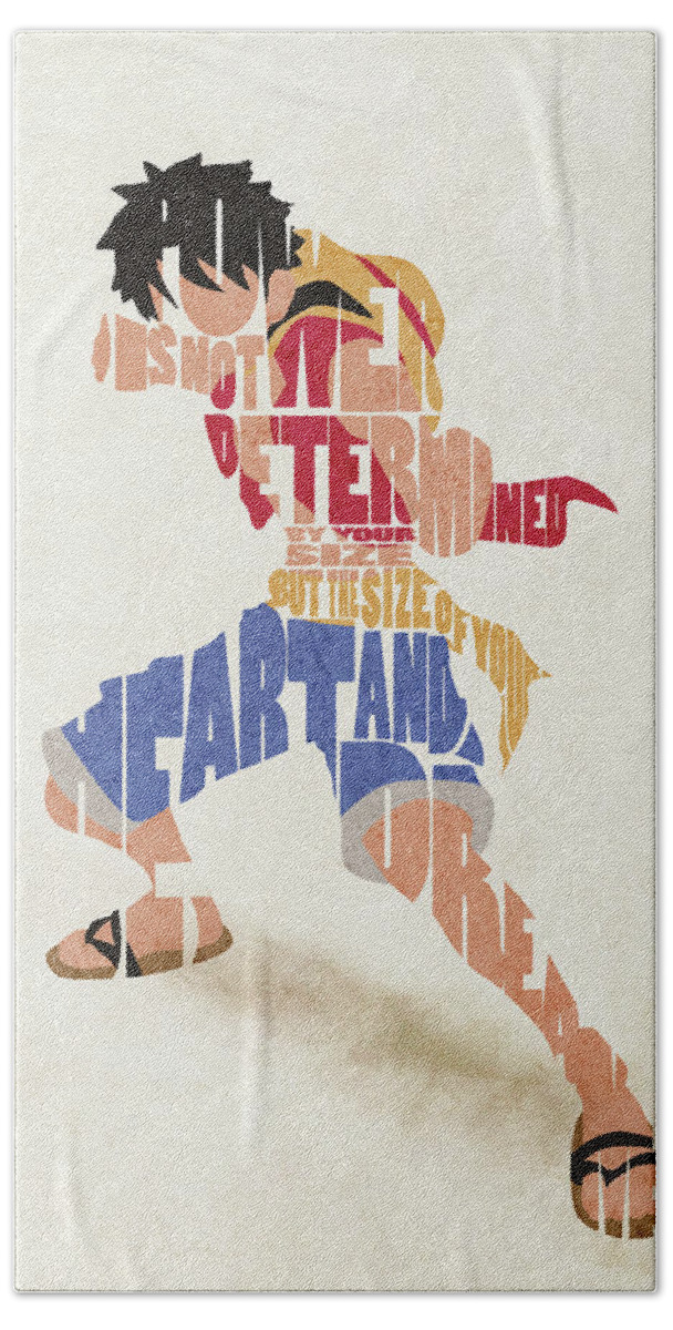 Monkey Beach Towel featuring the digital art Monkey D. Luffy Typography Art by Inspirowl Design