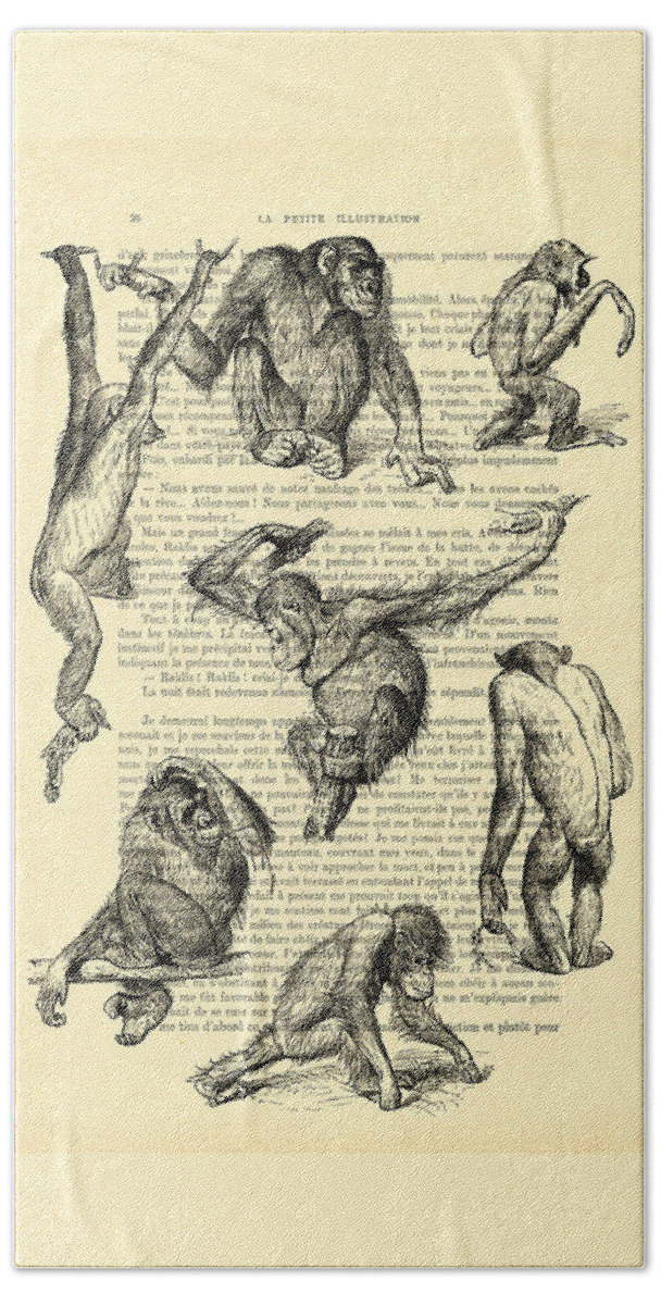 Monkeys Beach Towel featuring the digital art Monkeys black and white illustration by Madame Memento