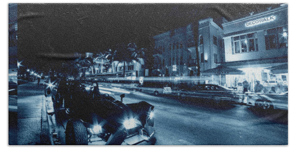 Miami Beach Towel featuring the photograph Monochrome Blue Nights Ocean Ave at Night Miami Florida Art Deco by Toby McGuire